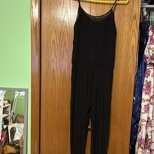 Black jumpsuit with drawstring waist, gathered ankles